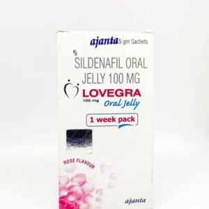 Sildenafil oral jelly Lovegra 100 mg dạng xúc miệng, giúp cải thiện chức năng sinh lý nam giới, phù hợp sử dụng trong các sản phẩm đồ chơi người lớn 18 tuổi.